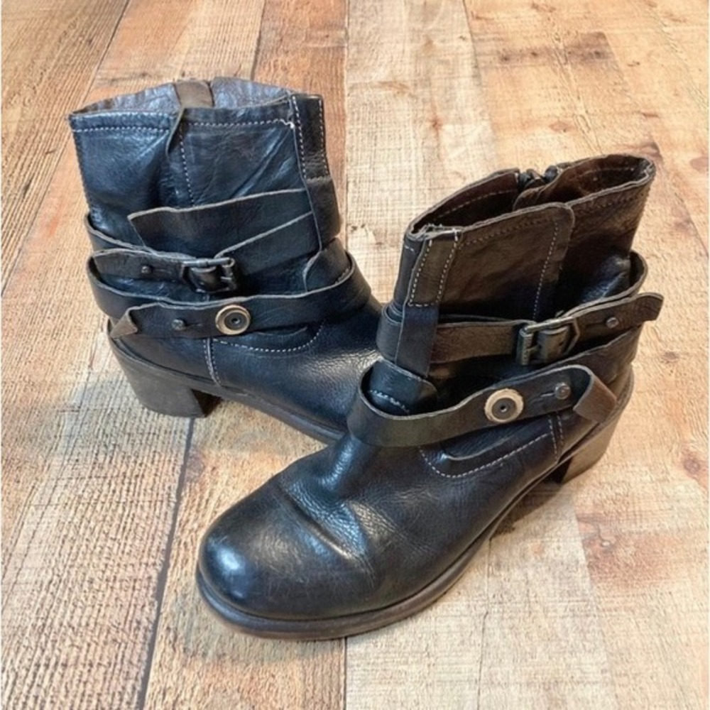 Pakros Black Leather Buckle Ankle‎ Boots Womens Size 38 Moto Biker